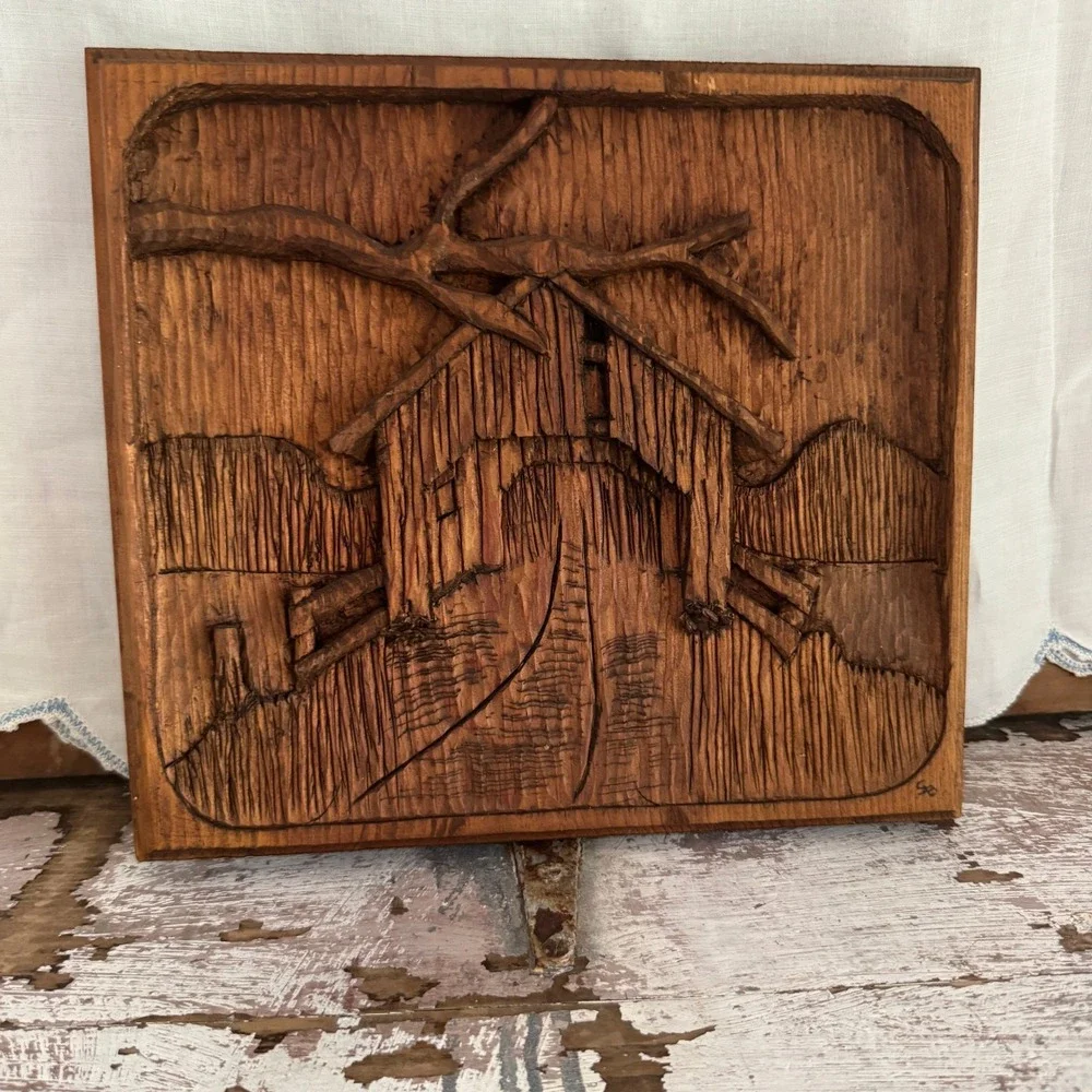 Vintage Hand Carved Wood Relief Plaque Covered Bridge Rustic Folk Art Primitive